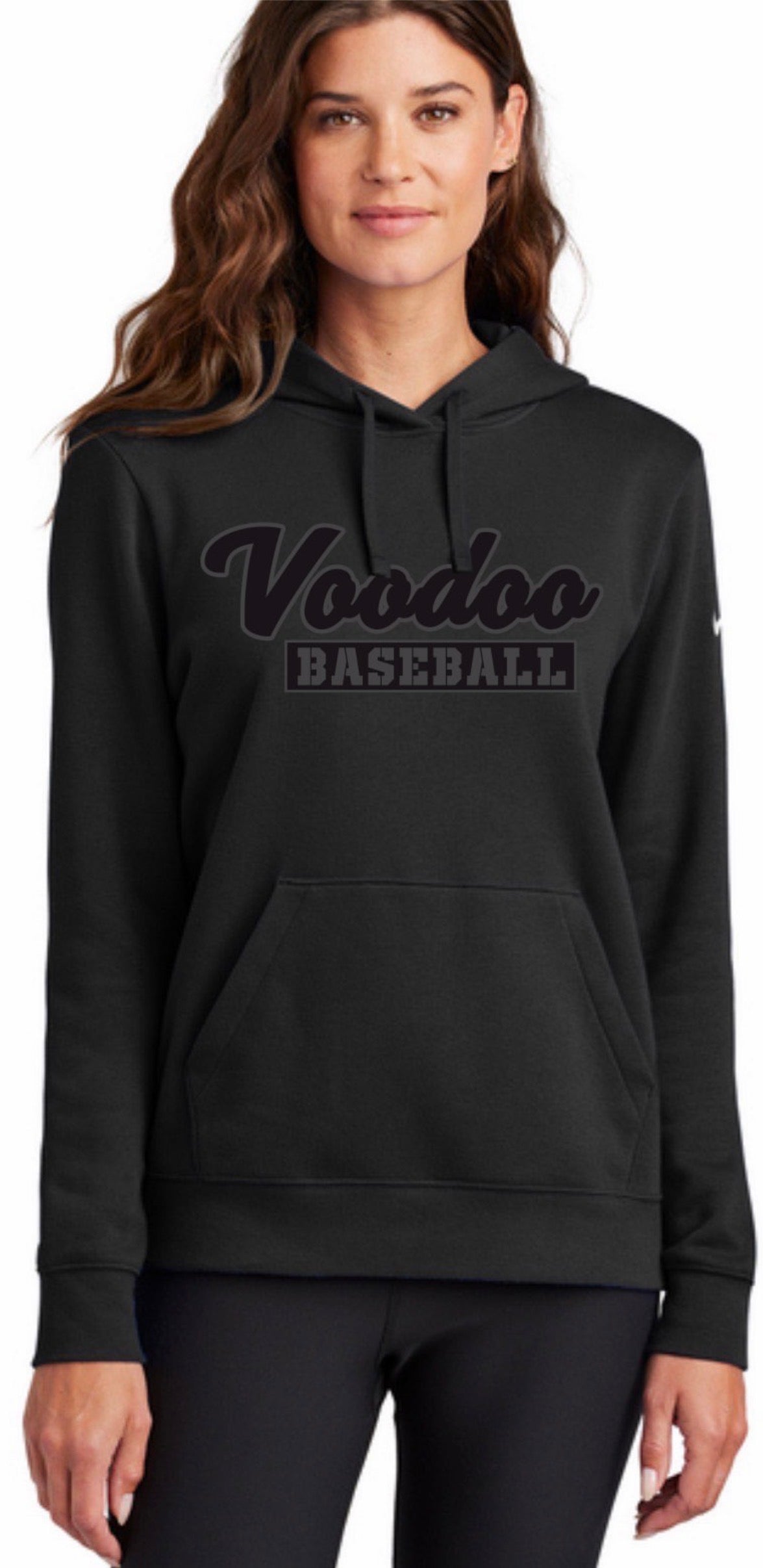 Nike Women's Club Fleece Sleeve Swoosh Pullover Hoodie Blackout logo